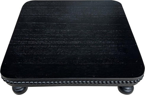 dwellington 12" Countertop Farmhouse Display Wood Riser, Decorative Black Beaded Pedestal Stand, Square Tiered Tray