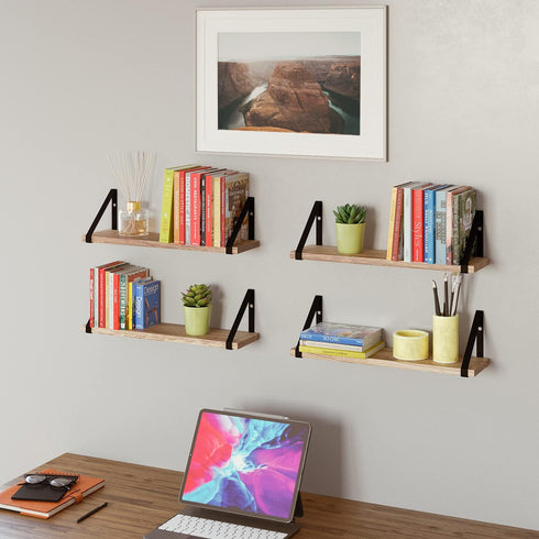 Wallniture Ponza Floating Shelves Set of 4, Wall Mounted Rustic Wood Board with Metal Bracket