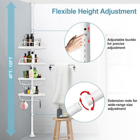 Corner Shower Caddy Tension Pole, Rustproof Organizer with 4 Adjustable Shelves for Inside Shower, 40"-120" White