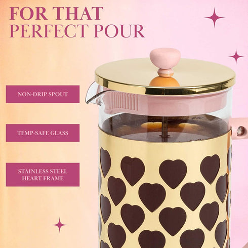 Paris Hilton French Press Coffee Maker - 2-Piece Set with Heart Shaped Measuring Scoop, 8-Cup or 34-Ounce, Pink