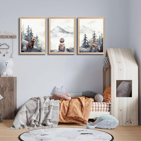 Generic 3Pcs (12x16 Boy Adventure Nursery Wall Art Woodland Animals Bear & Fox Wall Decor Picture Watercolor Mountain