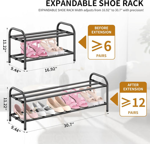 Hleelomi 2-Tier Closet,Living Expandable Shoe Rack for EntrywayAdjustable Metal Shoe Organizer for Room,Dorm,Black