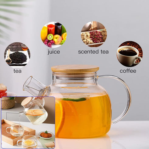 Glass Teapot with Strainer, 34oz/1000ml Borosilicate Kettle, Stovetop & Microwave Safe, Wooden Lid