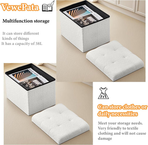 17" 13" 13" Storage Ottoman Foot Stool,Faux Teddy Tufted Foot Rest, Space Saver Chair with Storage,Ergonomic Stool