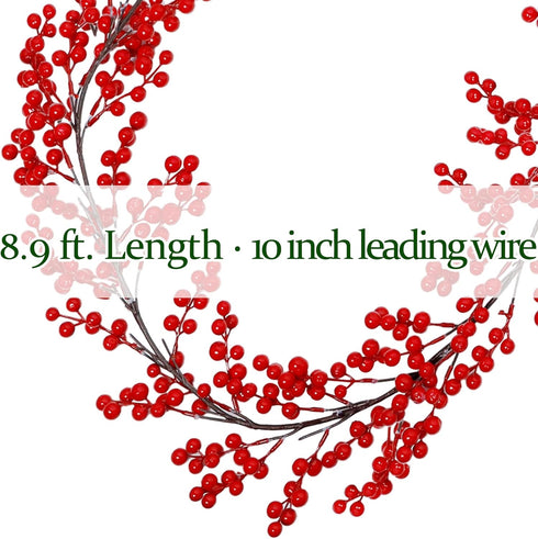 8.9FT (1) Lulu Home Red Berry Garland, Flexible Artificial Christmas Holly Berry Vine, Winter Berry Garland for Mantle
