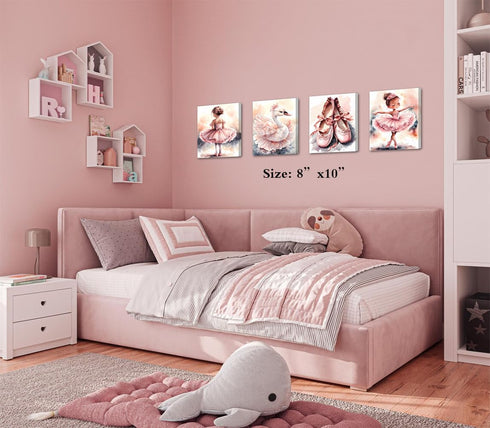 ZOIYINO Decor,Set 4(8x10) Framed Pink Ballet Nursery Wall Art,Pink Canvas Wall Art,Girls Ballerina Nursery Bedroom