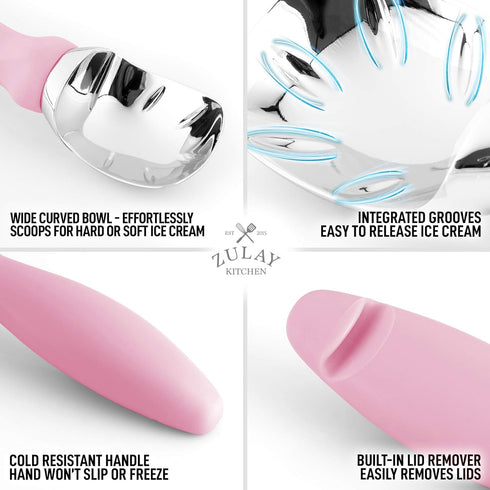 Zulay Ice Cream Scoop with Soft Easy Grip Handle - Heavy Duty Ice Cream Scooper with Built-in Lid Opener (Pink)