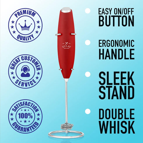 Zulay Kitchen Powerful Double Whisk Milk Frother, Handheld Foam Maker with Stand for Coffee, Mini Foamer for Latte