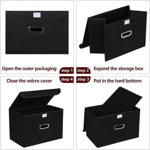 STOREONE Fabric Storage Cube Bins, Foldable Organizer Container with Lids and Metal Handles, Black, 3 Pcs
