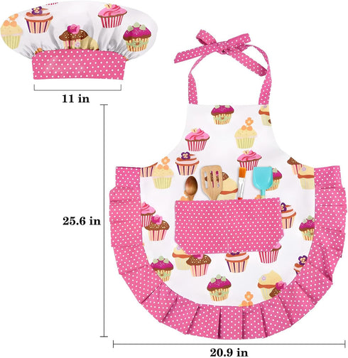 Kids Chef Hat and Apron Set, Toddler Apron for Girls with Large Pocket for Cooking and Baking
