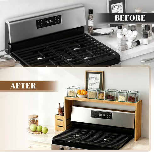 BESLCEID 31-inch 50 bamboo stove rack for above the hob, kitchen bamboo spice rack, supports up to pounds. Bamboo stove