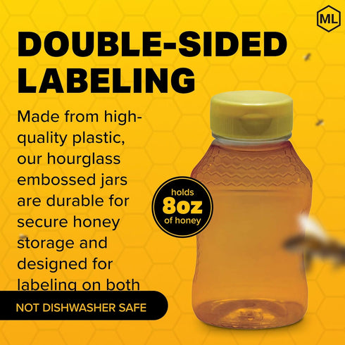 8 oz 24-Pack Mann Lake Refillable Hourglass Honey Jars | Plastic Containers with Yellow Flip-Top Lids | Empty Bottles