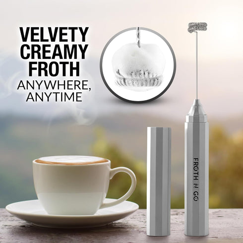 Zulay Rechargeable Froth N Go Milk Frother - 3-in-1 Wand with Case & USB-C Charger, 3 Whisk Attachments, Silver