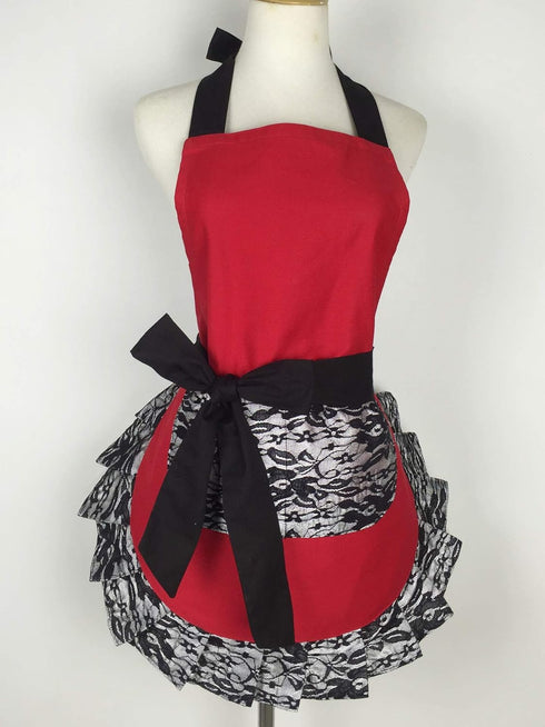 Hyzrz Cute Lace Flirty Apron with Pocket, Fun Retro Sexy Cooking Pinup Aprons for Women Girls (Red)