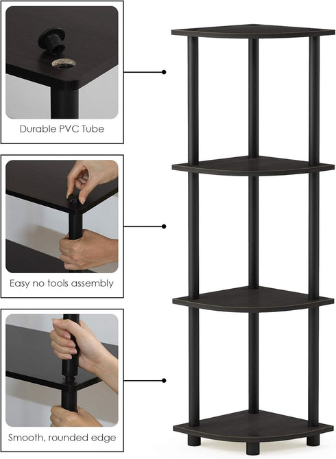 4-Tier Furinno TURN-N-TUBE Corner Shelf, Corner Bookshelf, Display Storage Shelves with Open Shelves, for Organization