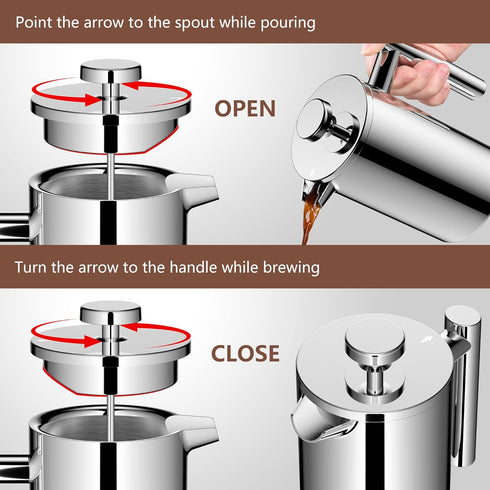 Small French Press Coffee Maker, 12OZ/350ML Stainless Steel Insulated Coffee Press with 2 Filters, 0.35 Liter (Silver)