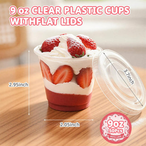 50 Packs 9oz Disposable Dessert Cups with Lids No Hole, Clear Plastic Cups with Lids for Ice Cream, Cake, Snacks