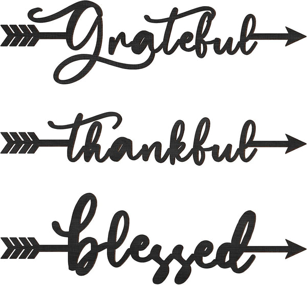 Yookeer 3 Pcs Thankful Grateful Blessed Letter Sign Wood Cutout Sculptures, Rustic Wall Decor for Home Kitchen