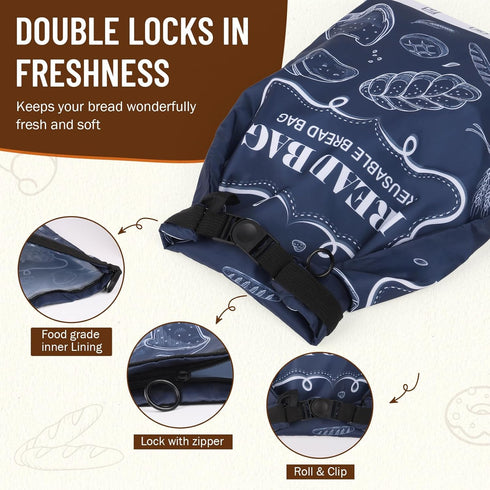 2 Packs Bread Bags, Bread Bags to Keep Fresh, Reusable Zipper for Homemade Loaf, Freezer Storage Bag, Container, Fresh