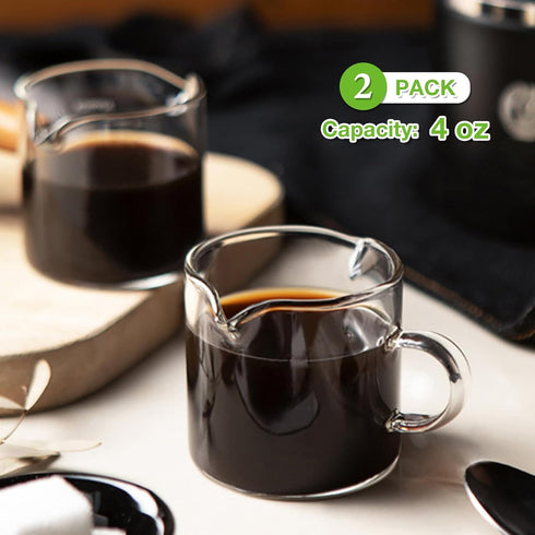Set 2, 4 OZ Qipecedm Espresso Cups of Double Spouts Cups, Shot Glasses, Milk Cup with Handle, Clear Glass, Espresso
