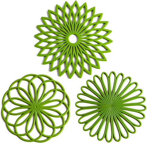 Set of 3 Silicone Trivet Mat - Hot Pot Holder for Table & Countertop, Non-Slip & Heat Resistant, Dark Green