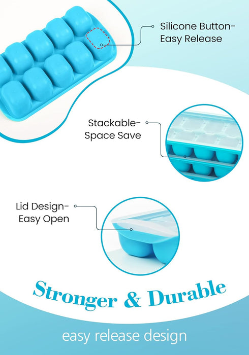 DOQAUS Ice Cube Tray with Lid and Bin, 4 Pack Easy Ice Pop Out Silicone Ice Cube Trays for Freezer, Stackable Storage