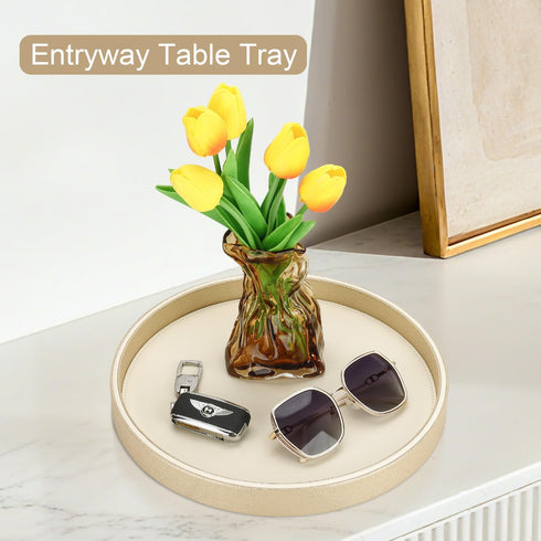 12" GORESE Gold Decorative Coffee Table Tray, PU Leather Round Trays for Home Decor, Table Centerpiece for Living Room
