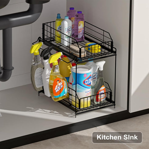 SUEH DESIGN 2 Tier Under Sink Organizer, Metal Kitchen Bathroom Storage with Hanging Rail