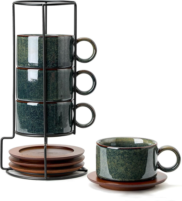 LUKA 6 Ounce Porcelain Stackable Espresso Cups with Saucers and Metal Stand