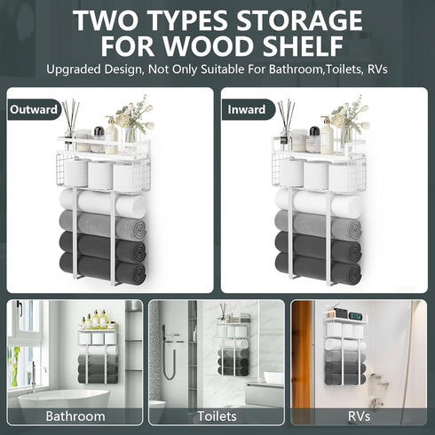 Towel Racks for Bathroom, Floating Shelves with Towel Rack and Paper Holder, Over Toilet Storage Basket, White