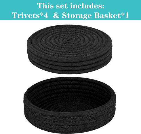 Trivets for Hot Dishes, Trivets for Hot Pots and Pans, Hot Pads for Countertops, Coasters 4 Pcs and Storage Basket 1 Pack, Pot Holders for Kitchen, Cotton Hot Mats Cooking Pad Protect Table (Black) by Cazzon