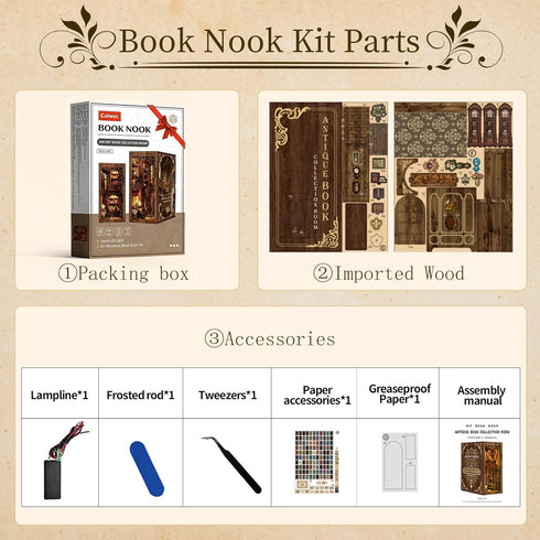 Cuiwos 3D Book Nook Kit - (Classic Edition) - Nook Tales DIY Miniature Wooden Puzzle | Vintage Book Collection Room