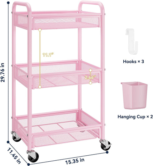 3 YASONIC Tier Rolling Cart Metal Utility Storage Cart with Wheels, Craft Cart Organizer with Hanging Cups, Hooks, Mesh