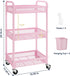 3 YASONIC Tier Rolling Cart Metal Utility Storage Cart with Wheels, Craft Cart Organizer with Hanging Cups, Hooks, Mesh