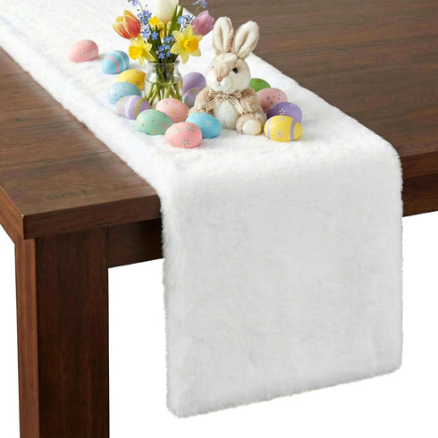 duduta White Faux Fur Table Runner 48 inches Long, Fluffy Dresser Runner