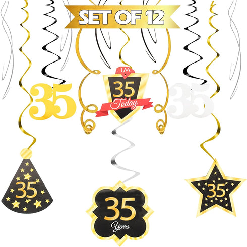 LINGTEER Happy 35th Birthday Decorations - 12 Pcs Black & Gold Foil Swirls Streamer Set for 35 Years Old