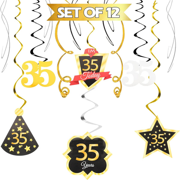 LINGTEER Happy 35th Birthday Decorations - 12 Pcs Black & Gold Foil Swirls Streamer Set for 35 Years Old