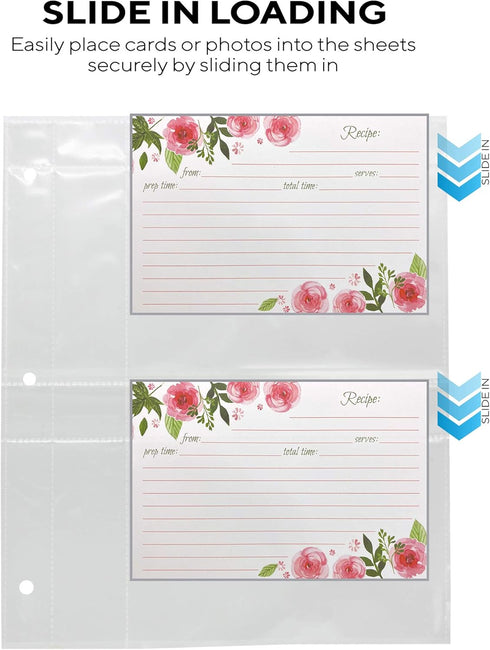 20 Pack Clear Recipe Card Page Protectors, 4" x 6", 2 Pockets Per Page, Holds 4 Cards, Perfect for Organizing Recipes