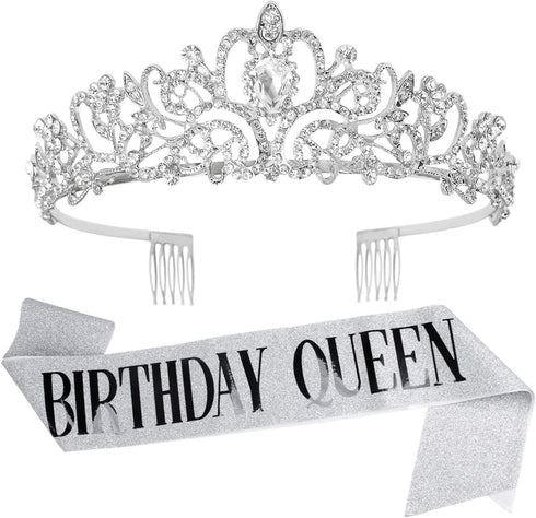 VELSCRUN Tiara for Women, Happy Birthday Queen Tiara with Birthday Girl Sash, Rhinestone Crown for Girls