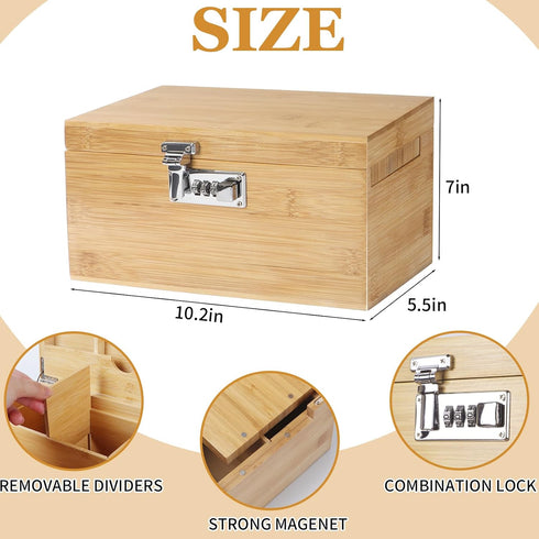 Large Bamboo Box with Combination Lock, Decorative Storage Box with Detachable Compartment, Great Gift Choice
