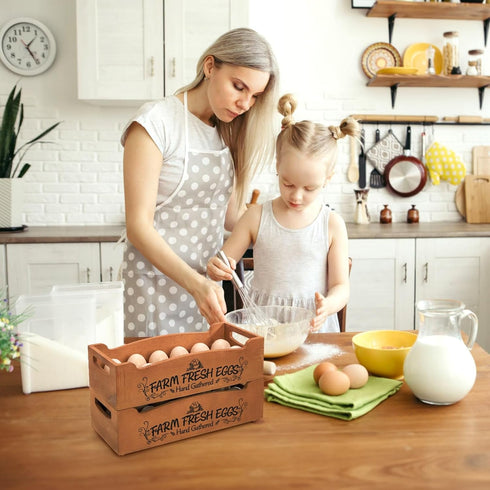 Countertop, 2-Tier 24 YOUEON Wooden Egg Holder for Stackable Egg Crates for Eggs with Handle, Farmhouse Rustic Pinewood