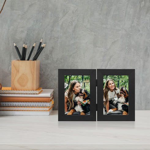 Frametory 4x6 Double Picture Frame, Hinged Collage for Desktop, White, 1 Pack