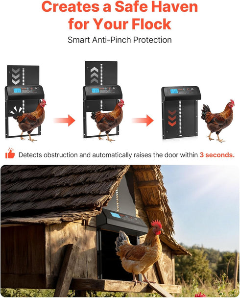 Setting, Anti-Pinch VEVOR Automatic Chicken Coop Door, Battery Powered Chicken Coop Door with Timer & Manual Security