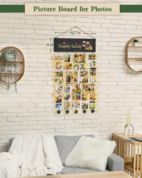 Bikoney Collage Picture Frames Wall Decor, Rustic Photo Hanging Display Board with Blackboard and 30 Clips for Home