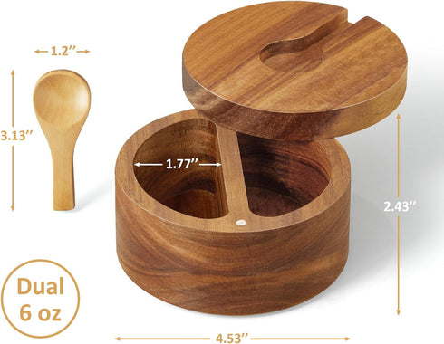 OUTNILI 2-Compartment 6 oz Acacia Salt Box with Lid and Spoon, Salt Cellar with Swivel Lid, Salt Container Holder