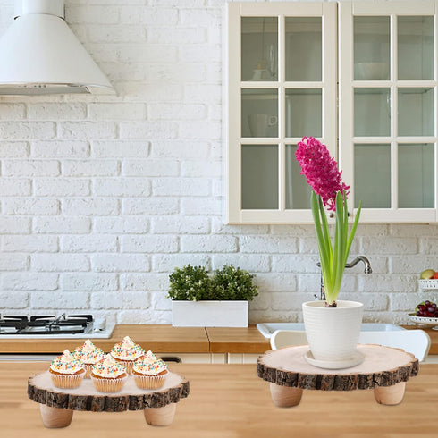 11 Inch Frcctre Wood Cake Stand, Round Wooden Cupcake Pedestal, Paulownia Woods Slice with Legs, Rustic Cake Holder