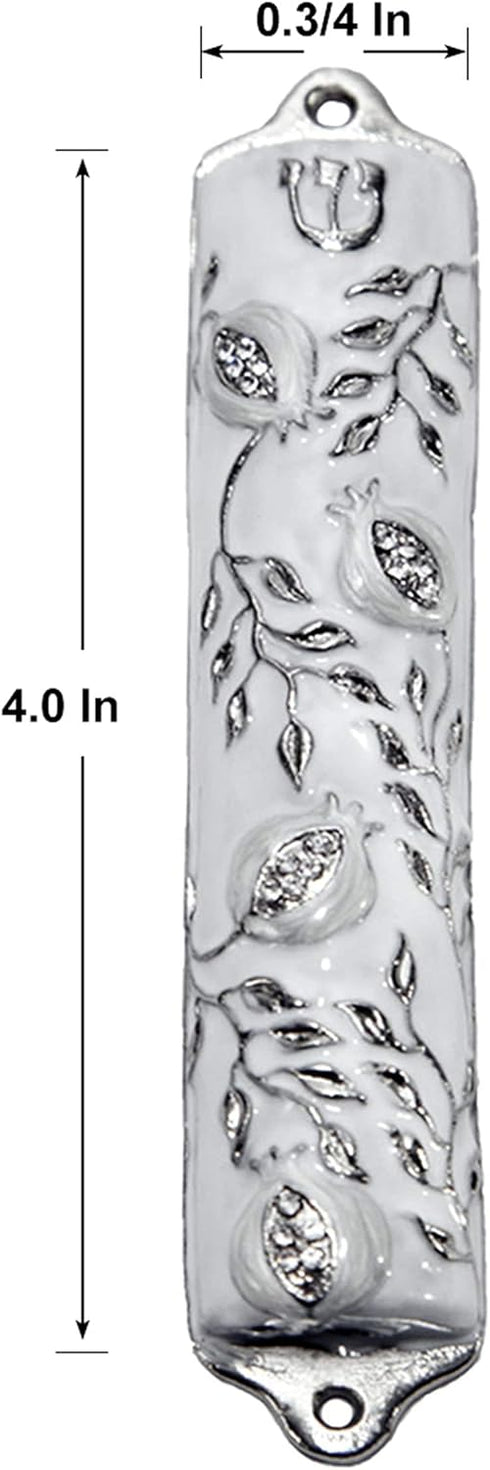 Mezuzah Case - Pomegranate Tree Design Crafted in Pewter, Jerusalem Judaica Door Mezuza Case, 4" White Wedding Color