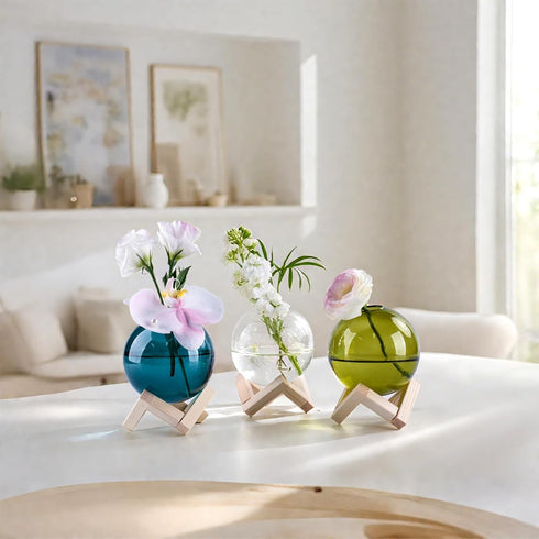 3.9", Ball-Shaped Plant Propagation Station with Wooden Stand -Glass Plant Terrarium for, Home Office Kitchen Garden