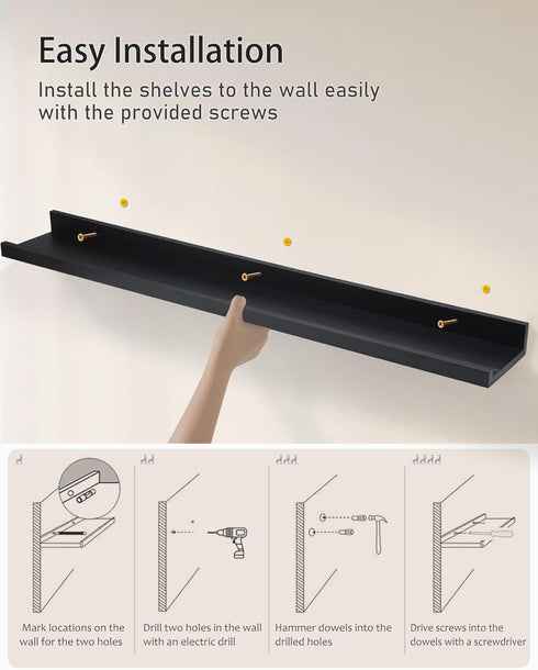48 Inch Set 2, Long Floating Shelves for Wall, Black Picture Ledge Shelf Wall Mounted Bathroom Long Ledge of Floating