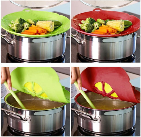 AUANDYU 2-in-1 Spill Stopper Lid Cover and Boil Over Safeguard, Silicone Kitchen Tool (Green and Red)